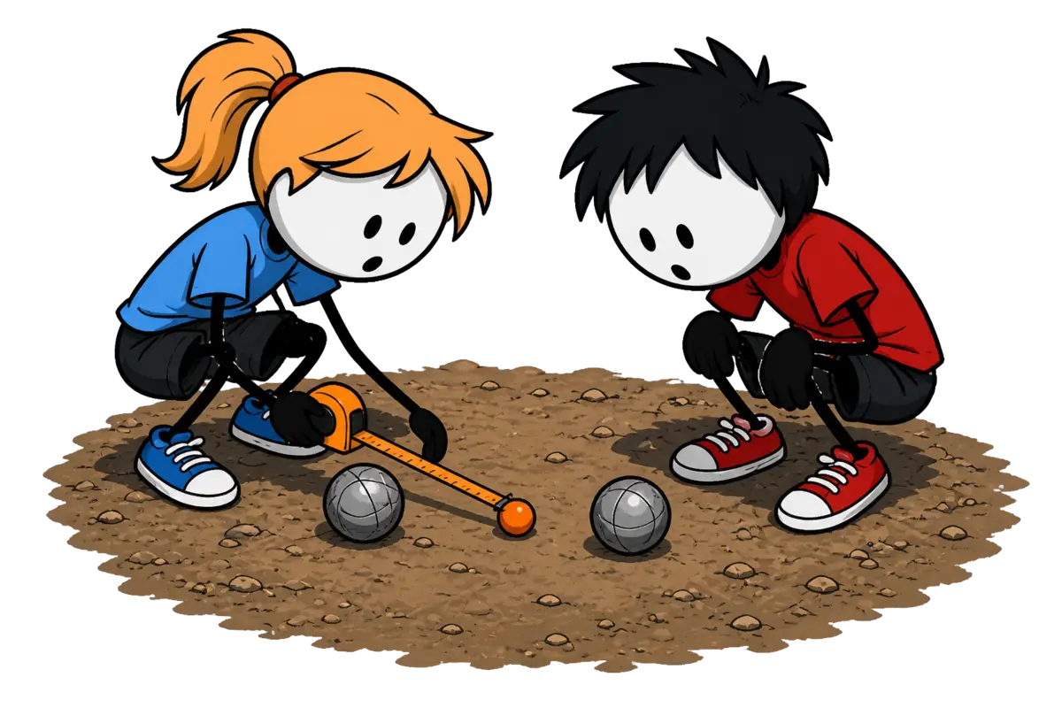 Pétanque en compétition : deux joueurs accroupis mesurent au ruban la distance entre le cochonnet et les deux boules les plus proches.