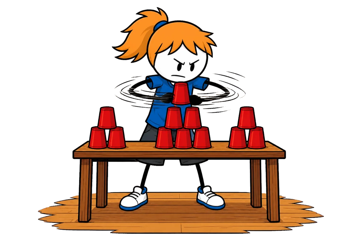 Gobelets à empiler, la séquence du 3-6-3 : une joueuse construit la pyramide du milieu sur la table, encadrée de deux petites pyramides de trois gobelets déjà montées