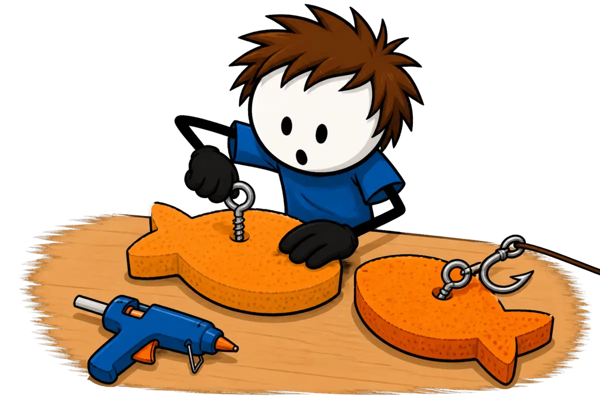 Pêche aux canards sans canards : une éponge taillée en poisson, avec un piton à œil vissé dedans et le crochet de la canne passé dans la boucle.