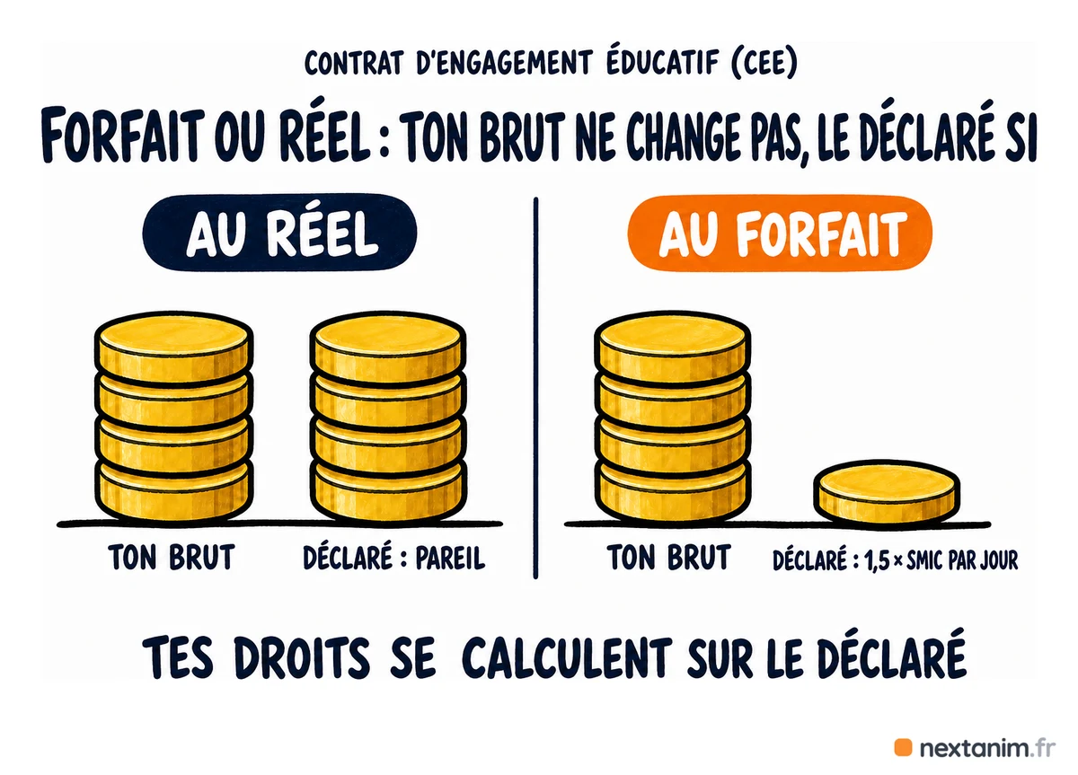 La différence entre salaire réel et assiette forfaitaire en CEE : au réel l'employeur déclare ta paie, au forfait il déclare 1,5 Smic par jour quelle que soit ta paie — les droits se calculent sur le montant déclaré