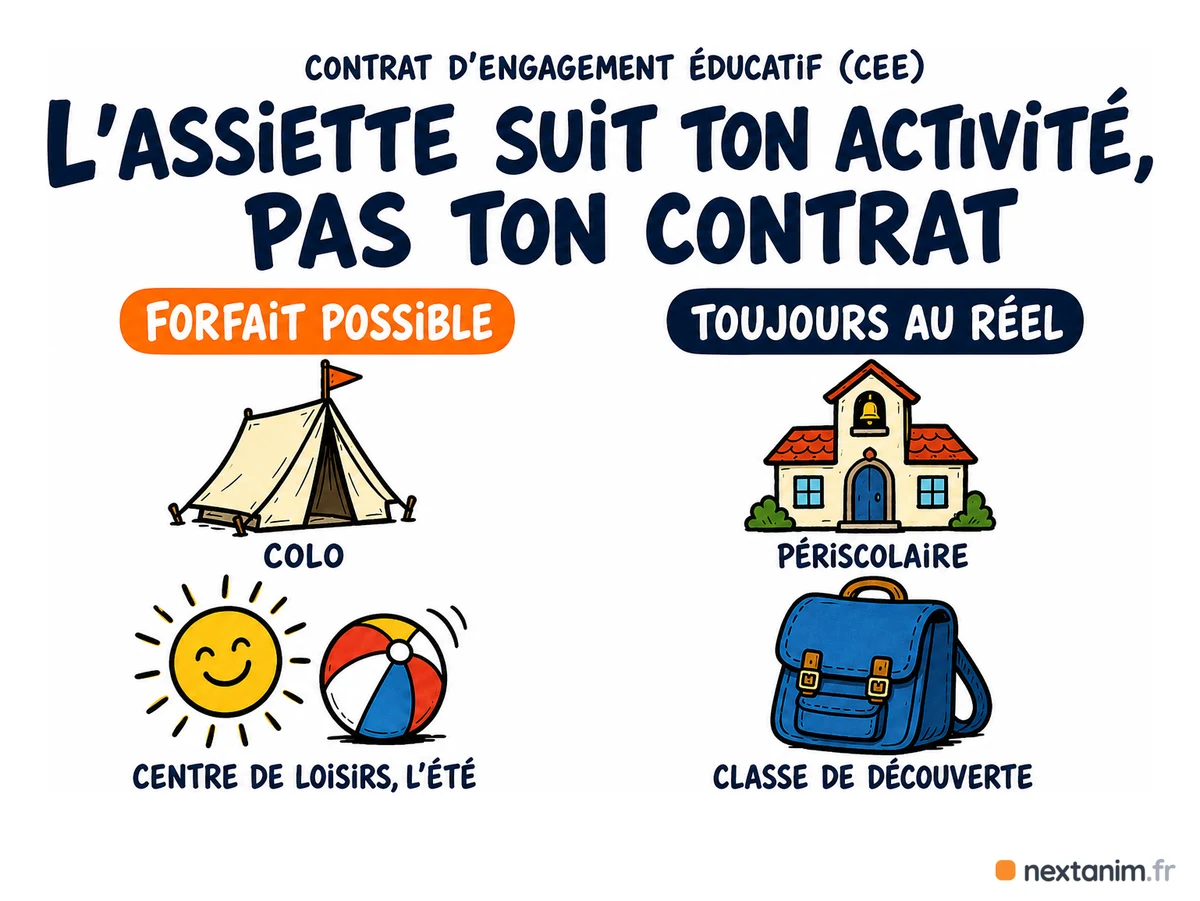 Quand l'assiette forfaitaire du CEE est possible : en colo et centre de loisirs pendant les vacances l'employeur peut la choisir, en périscolaire et classe de découverte le salaire réel s'impose — c'est l'activité qui décide, pas le contrat