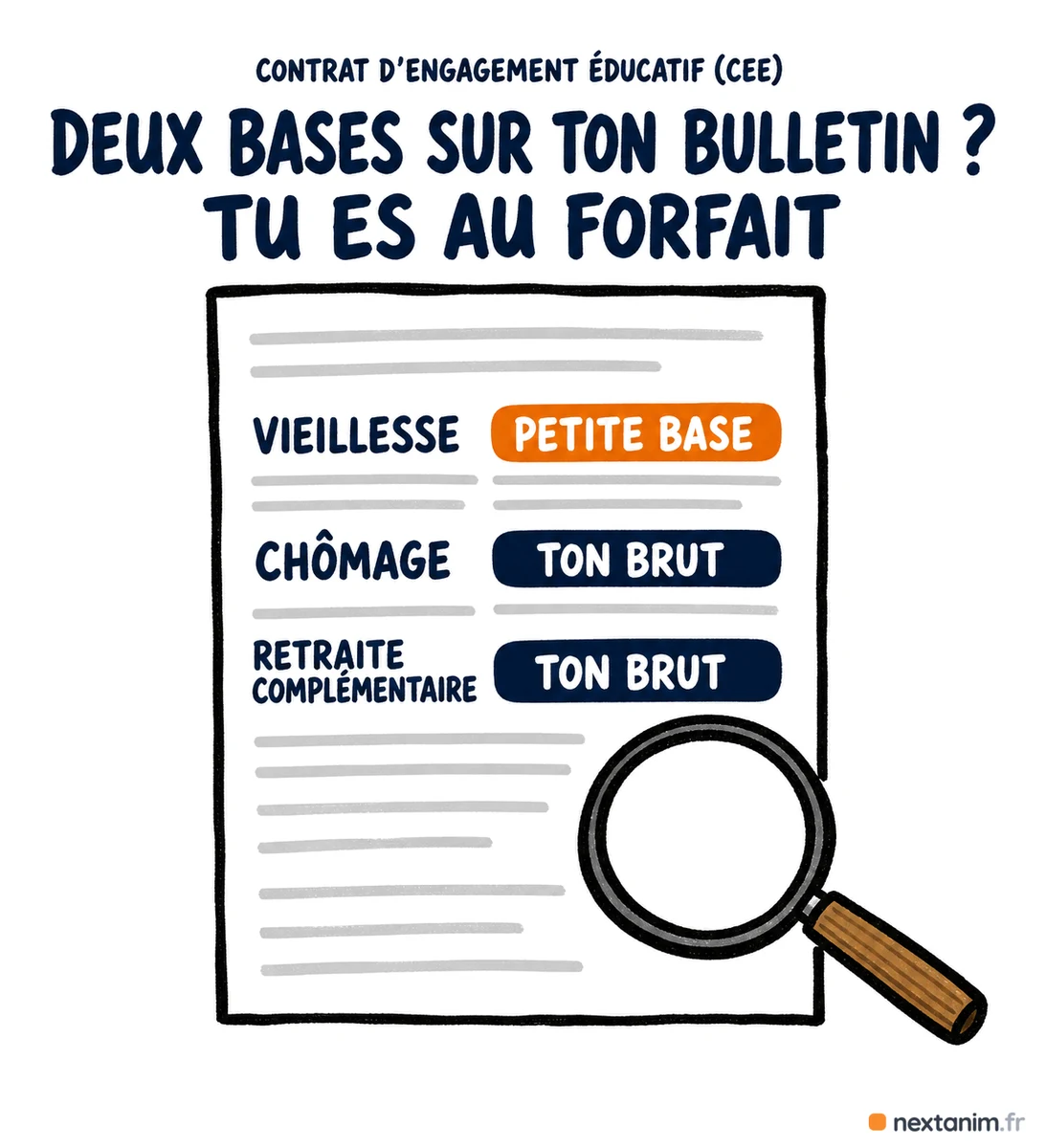 Savoir si on est déclaré au forfait en CEE : comparer les bases du bulletin de paie — vieillesse sur une petite base, chômage et retraite complémentaire sur le brut, deux bases différentes signent le forfait