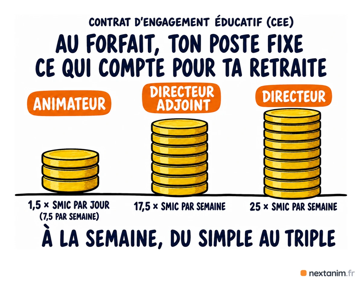 Barème de l'assiette forfaitaire du CEE par fonction : 1,5 Smic par jour pour un animateur soit 7,5 par semaine, 17,5 par semaine pour un directeur adjoint, 25 pour un directeur — au forfait, le poste fixe ce qui compte pour la retraite, pas la paie