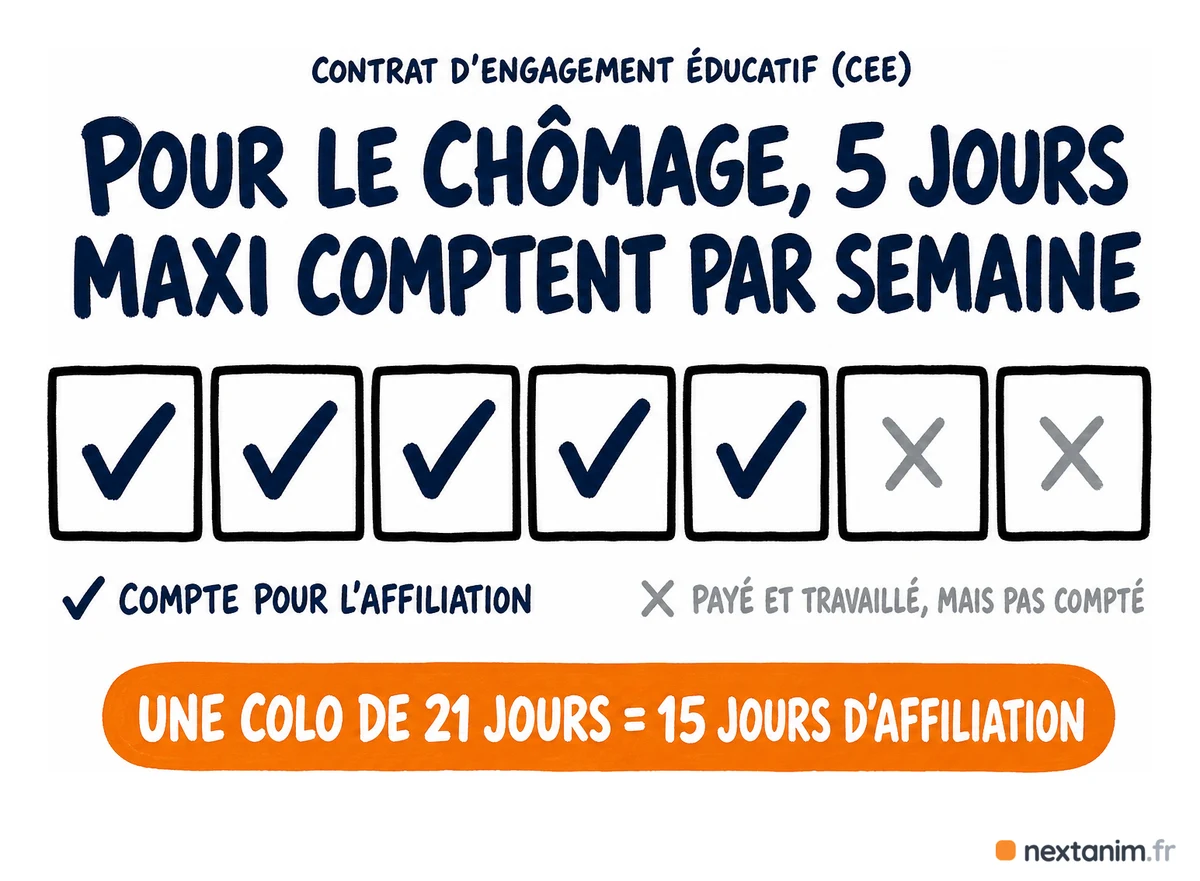 Le décompte de l'assurance chômage pour un animateur en CEE : au maximum cinq jours travaillés comptent par semaine civile, une colo de 21 jours vaut 15 jours d'affiliation