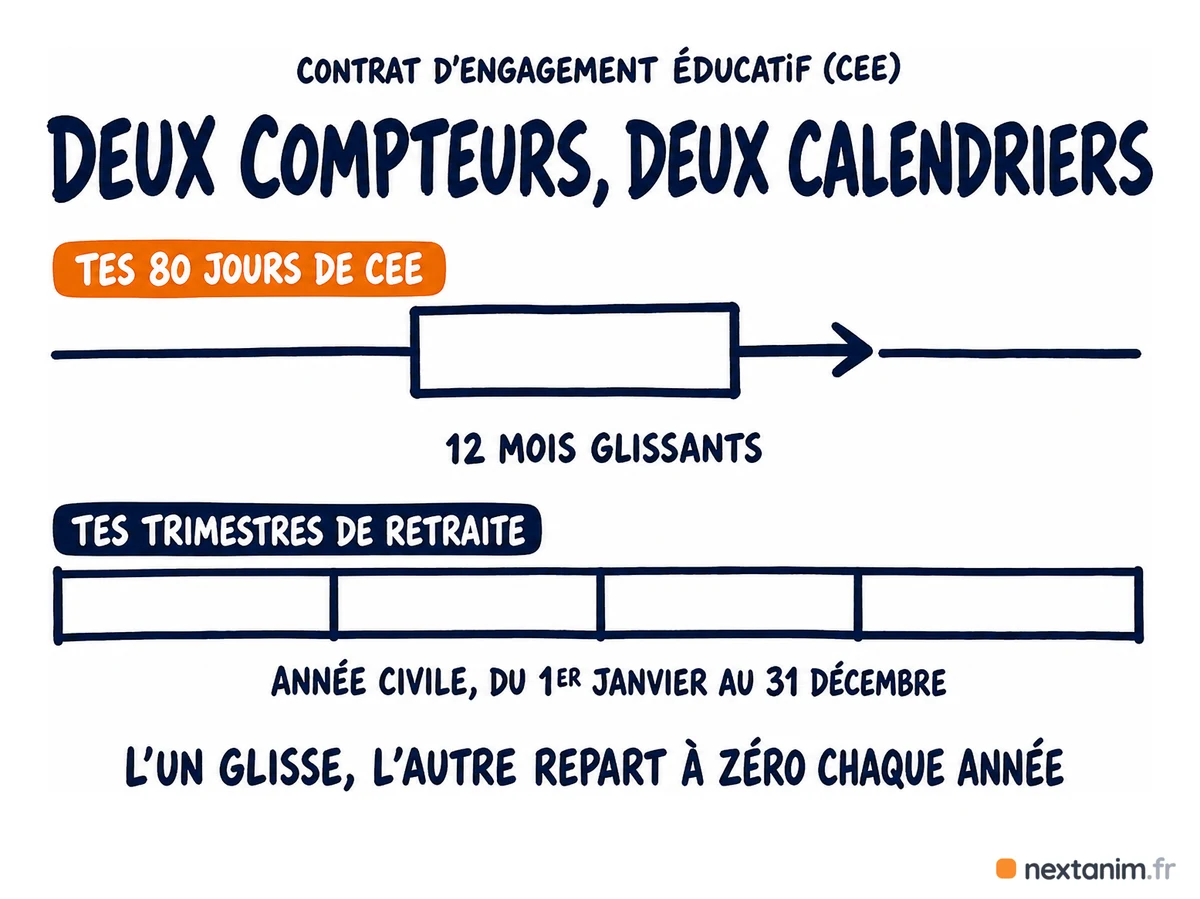 Les deux compteurs du CEE : le plafond de 80 jours glisse sur douze mois consécutifs, les trimestres de retraite se comptent par année civile du 1er janvier au 31 décembre