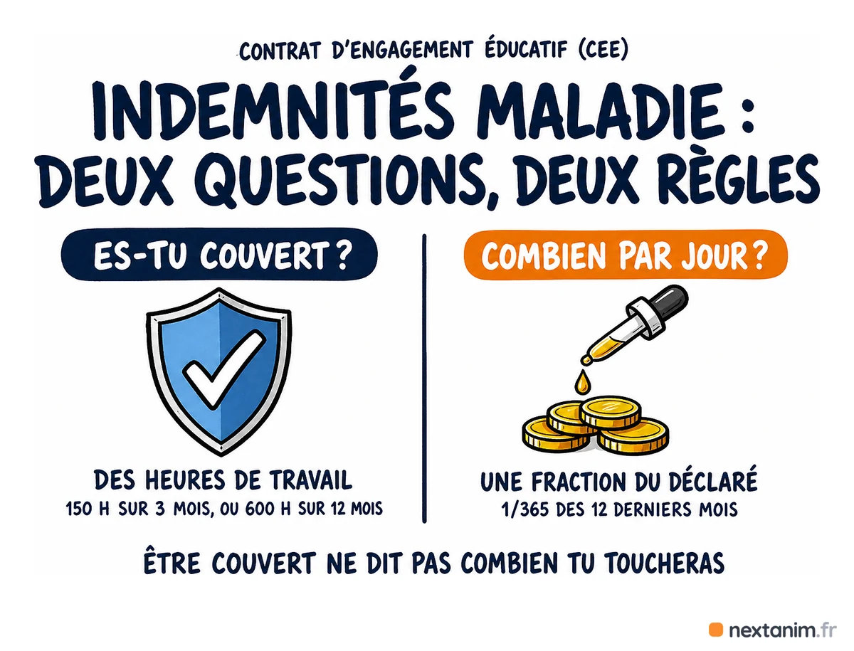 Indemnités journalières de l'animateur en CEE : être couvert se joue en heures de travail (150 heures sur 3 mois ou 600 sur 12), le montant par jour se calcule sur le salaire déclaré — deux questions, deux règles