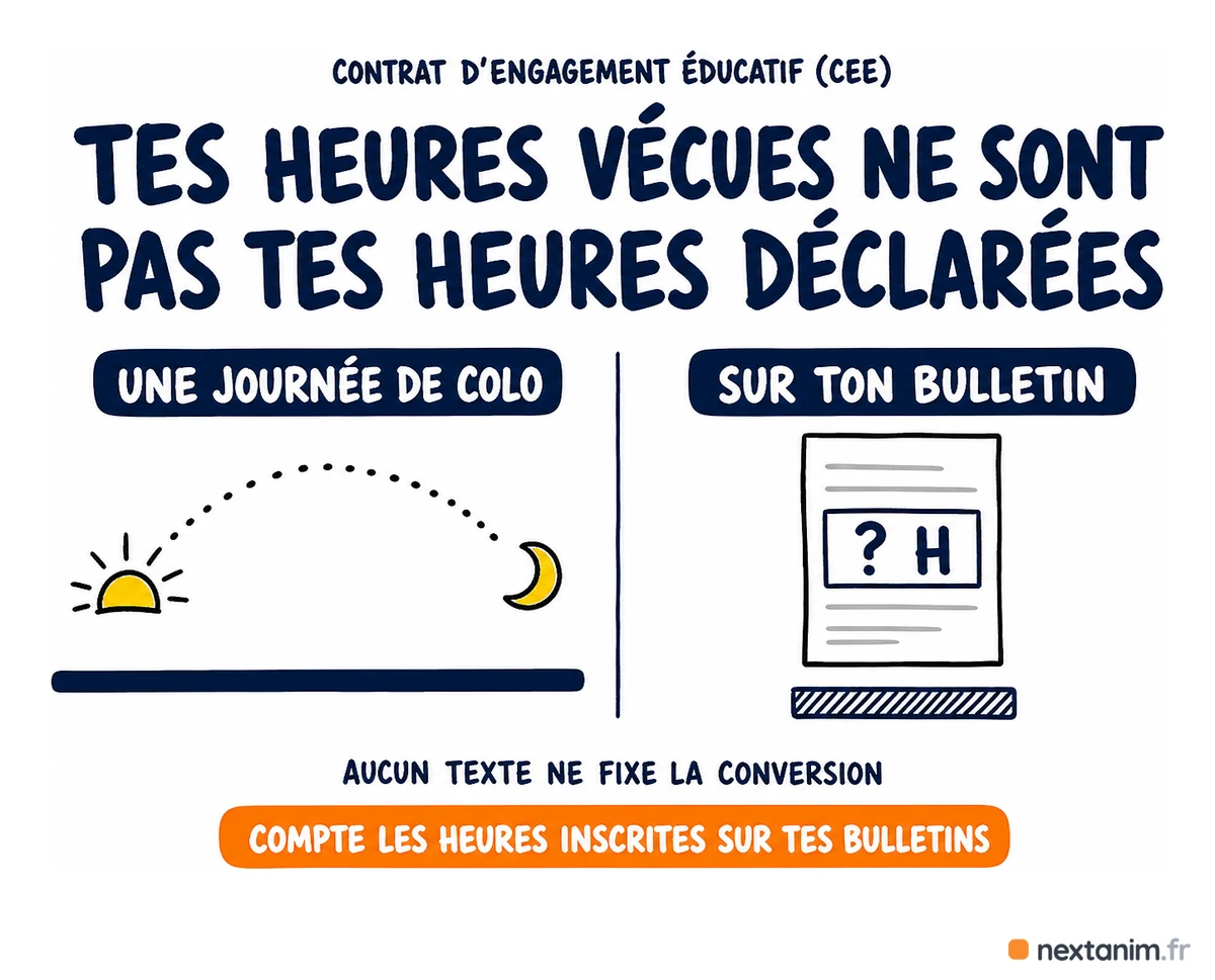 Les heures de travail d'un animateur en CEE : la journée de colo vécue est longue, mais seules les heures reportées sur le bulletin comptent pour les indemnités maladie — aucun texte ne fixe combien d'heures vaut un jour de colo