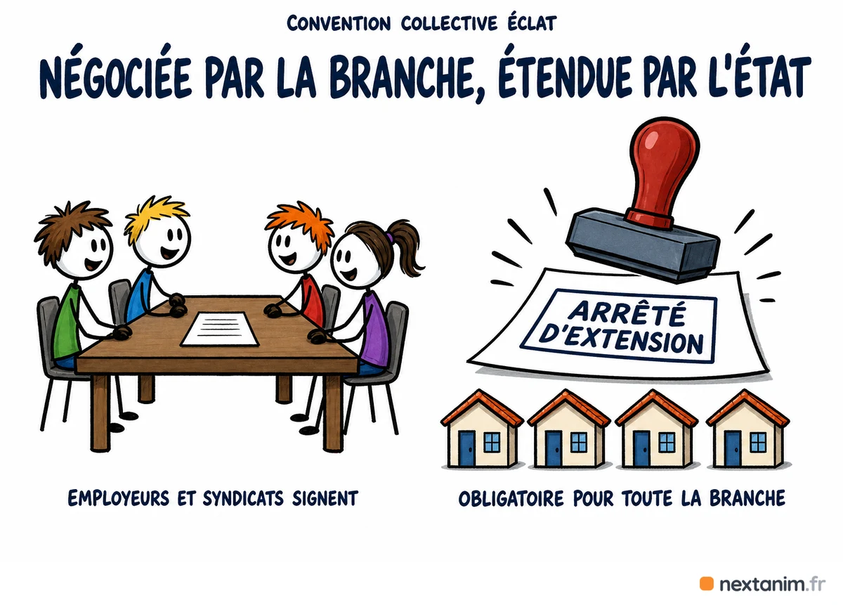La convention collective ÉCLAT de l'animation est négociée entre l'organisation d'employeurs et les syndicats de salariés, puis rendue obligatoire pour toute la branche par un arrêté d'extension du ministère du Travail