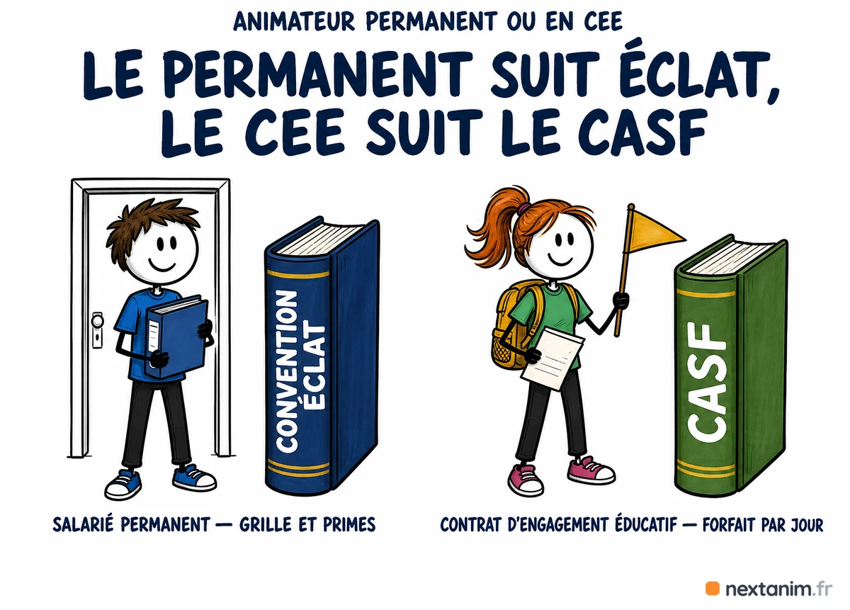 Un animateur permanent d'une association d'animation relève de la convention collective ÉCLAT tandis qu'un animateur de colo en contrat d'engagement éducatif relève du code de l'action sociale et des familles