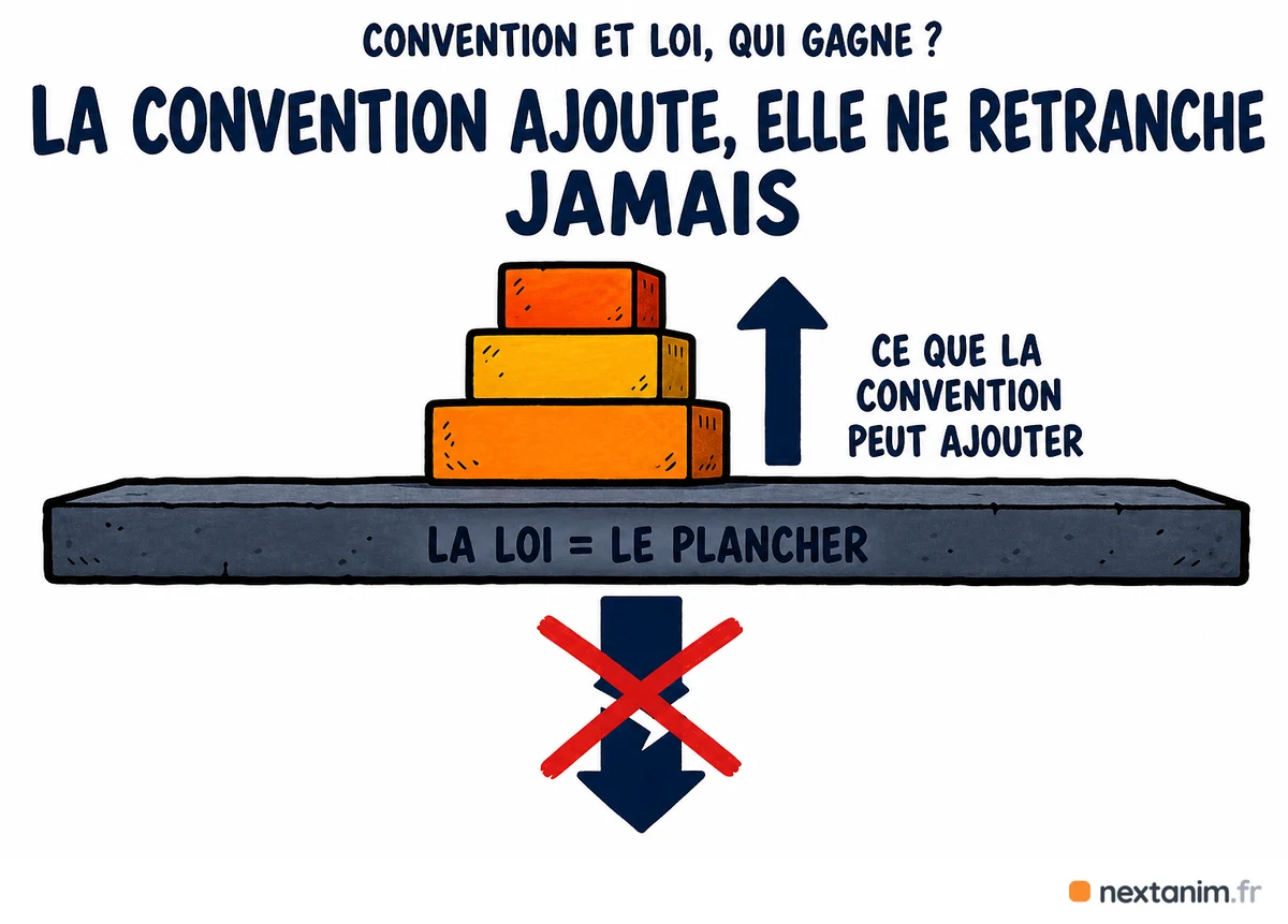Une convention collective peut seulement améliorer ce que la loi garantit : la loi est un plancher, la convention ajoute des droits au-dessus et ne descend jamais en dessous