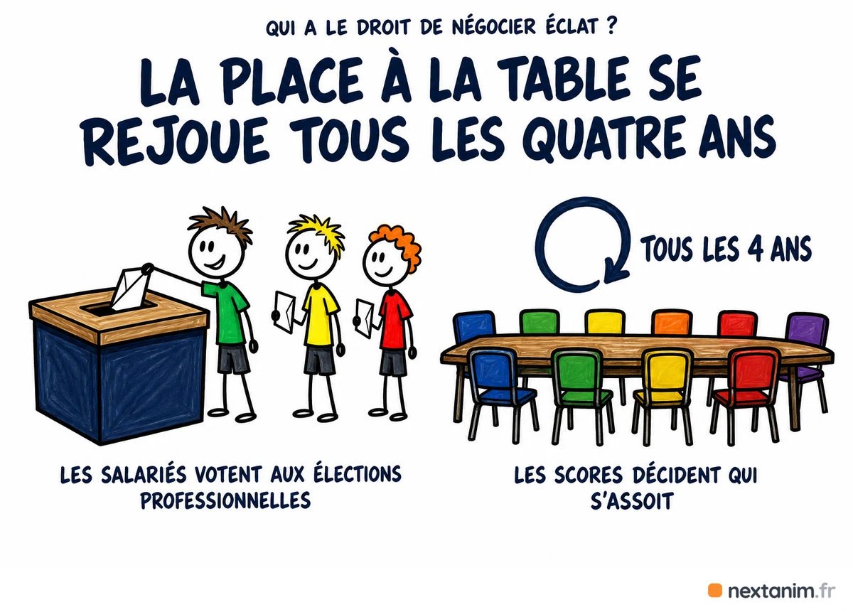 La représentativité des syndicats qui négocient la convention collective ÉCLAT se mesure tous les quatre ans sur les votes des salariés aux élections professionnelles : les scores décident qui s'assoit à la table de négociation