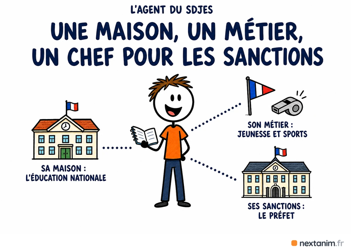 L'agent du SDJES a trois attaches : l'Éducation nationale est sa maison, la jeunesse et les sports sont son métier, et les sanctions relèvent du préfet