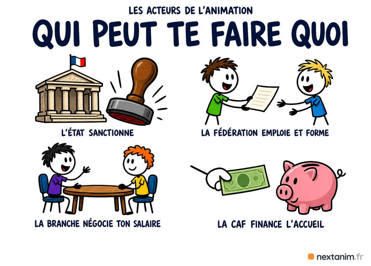 Les quatre familles d'acteurs de l'animation et leur levier : l'État sanctionne, les fédérations emploient et forment, les partenaires sociaux de la branche négocient les salaires, la CAF finance les accueils
