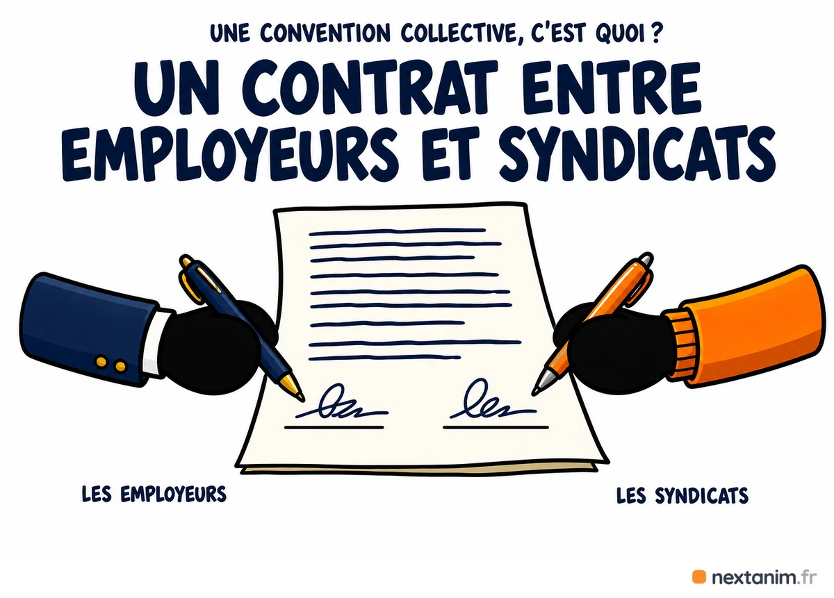 Une convention collective est un contrat entre les organisations d'employeurs et les syndicats de salariés d'une branche professionnelle, signé par les deux camps