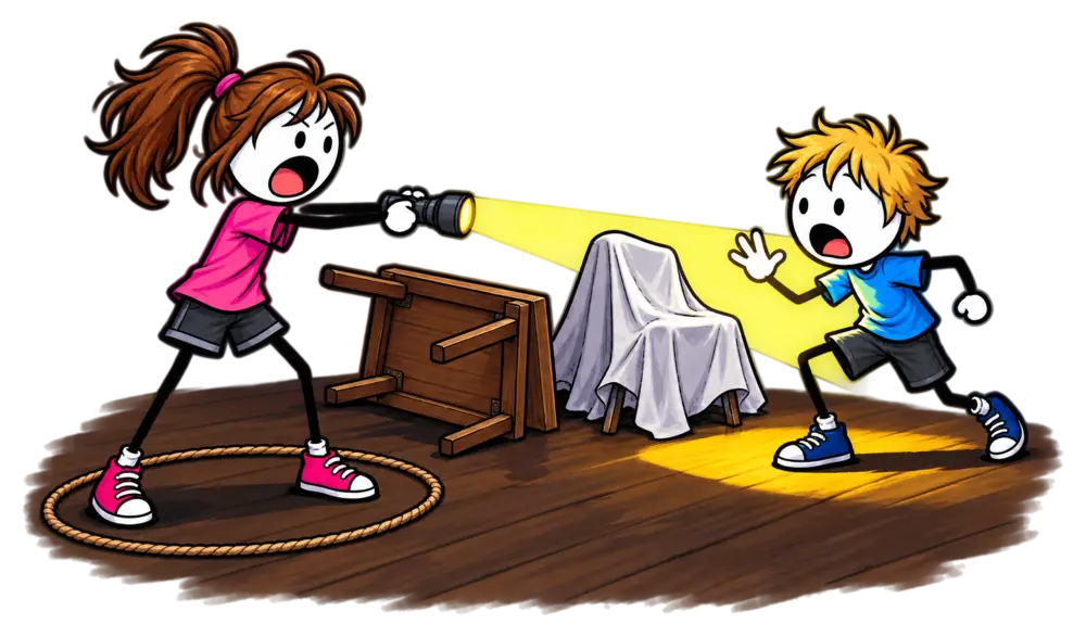 Le phare, jeu d'approche dans le noir en colo : la fille-phare crie depuis son cercle de corde le prénom du joueur pris dans son faisceau entre une table renversée et une chaise drapée
