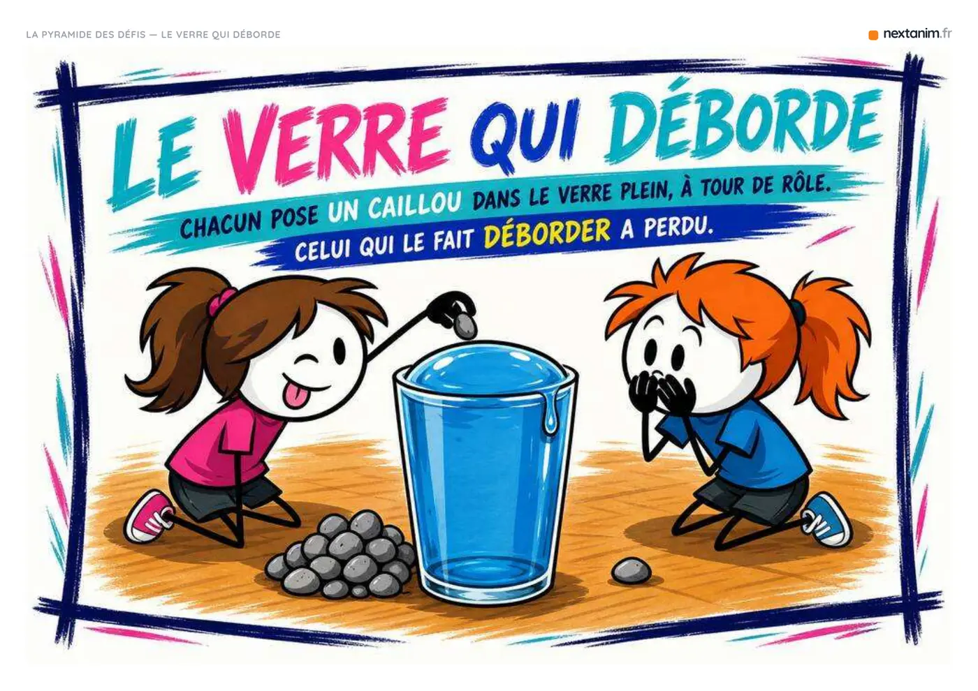 Pyramide des défis : l'affiche du défi du verre qui déborde, une carte du kit à imprimer
