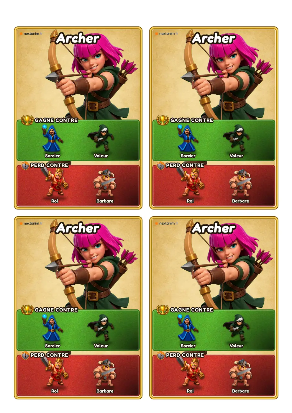 Sagamore : la planche de cartes de l'archère, avec les rôles qu'elle bat en vert et ceux qui la battent en rouge, une page du kit à imprimer