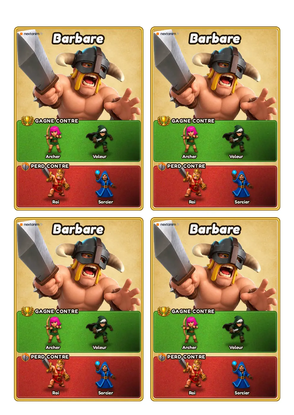 Sagamore : la planche de cartes du barbare, avec les rôles qu'il bat en vert et ceux qui le battent en rouge, une page du kit à imprimer
