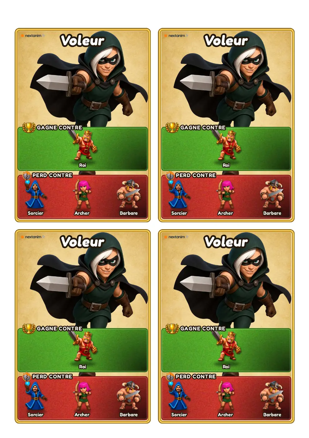 Sagamore : la planche de cartes du voleur, avec les rôles qu'il bat en vert et ceux qui le battent en rouge, une page du kit à imprimer