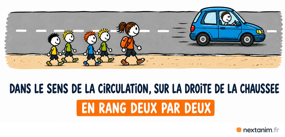 Groupe d'enfants marchant dans le sens de la circulation, sur la droite de la chaussée, en rang deux par deux