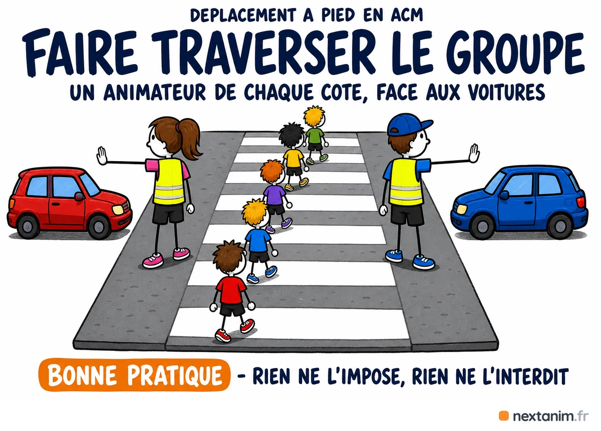 Faire traverser un groupe d'enfants : un animateur de chaque côté de la traversée, face aux voitures