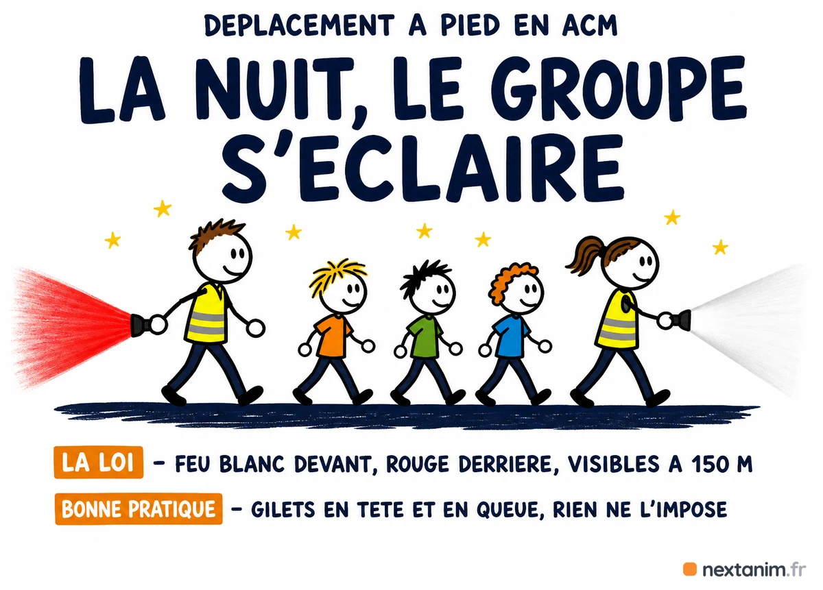La nuit, le groupe s'éclaire : feu blanc à l'avant, feu rouge à l'arrière, visibles à 150 mètres
