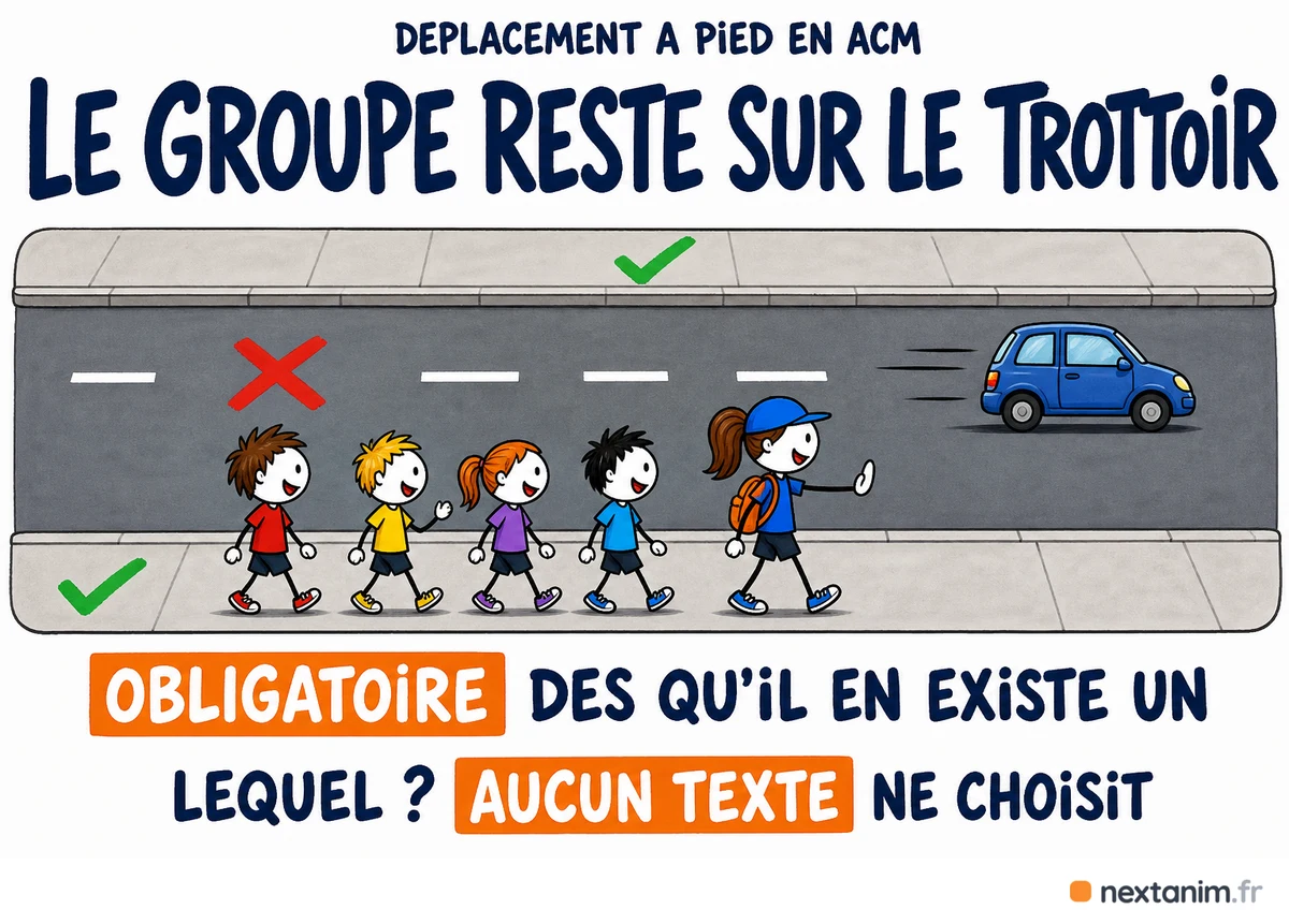 Le groupe doit-il rester sur le trottoir en déplacement à pied en ACM ?