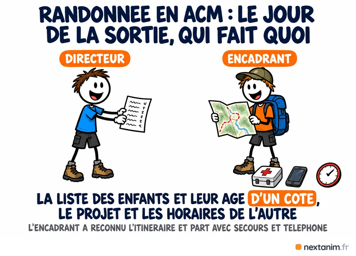 Randonnée en ACM, le jour de la sortie : le directeur donne la liste des enfants et leur âge, l'encadrant présente son projet et ses horaires, a reconnu l'itinéraire et part avec l'équipement de secours et un téléphone