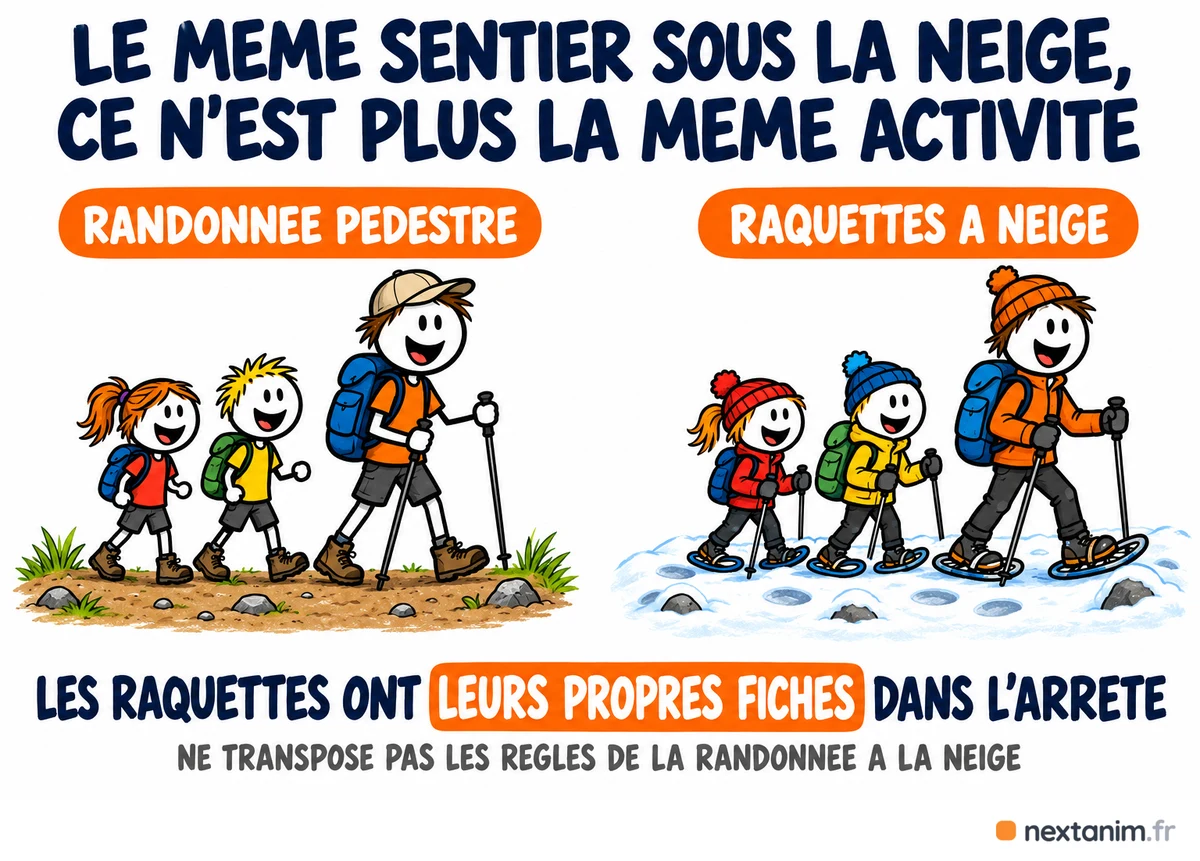 Raquettes à neige en ACM : le même sentier sous la neige n'est plus de la randonnée pédestre, les raquettes ont leurs propres fiches dans l'arrêté du 25 avril 2012
