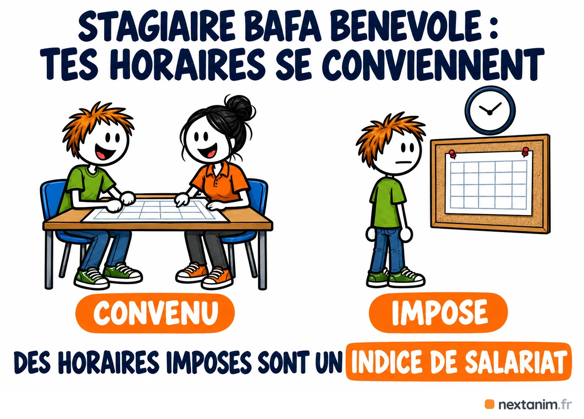 Stagiaire BAFA bénévole : les horaires se conviennent avec l'équipe, ils ne s'imposent pas ; des horaires imposés sont un indice de salariat retenu par les juges pour requalifier un bénévolat