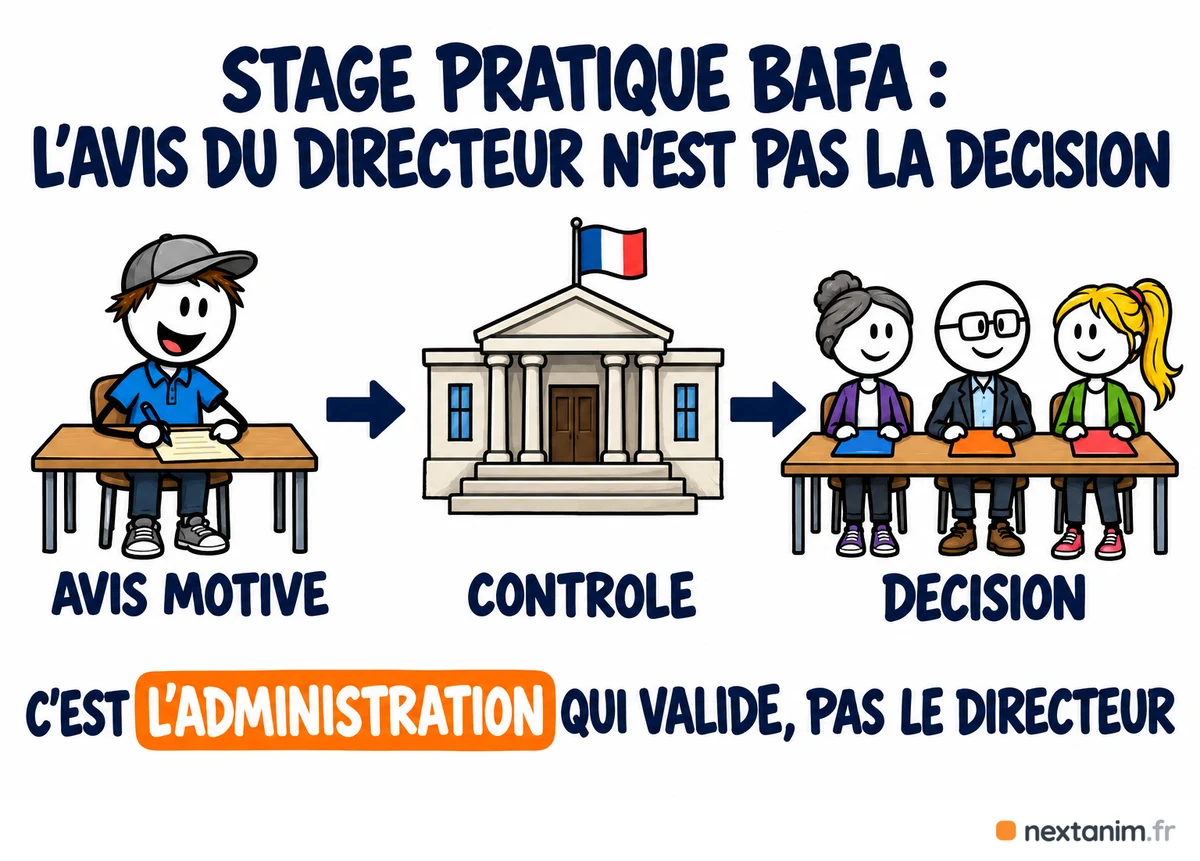 Stage pratique BAFA : l'avis motivé du directeur de l'accueil n'est pas la décision, c'est le service de l'État qui contrôle l'appréciation et valide le stage avant le jury