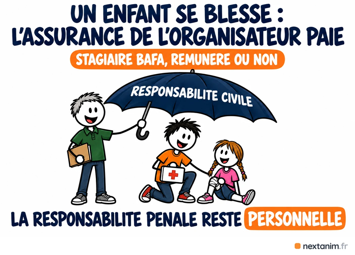 Un enfant se blesse sous la surveillance d'un stagiaire BAFA : l'assurance de responsabilité civile de l'organisateur couvre ses préposés rémunérés ou non, la responsabilité pénale reste personnelle