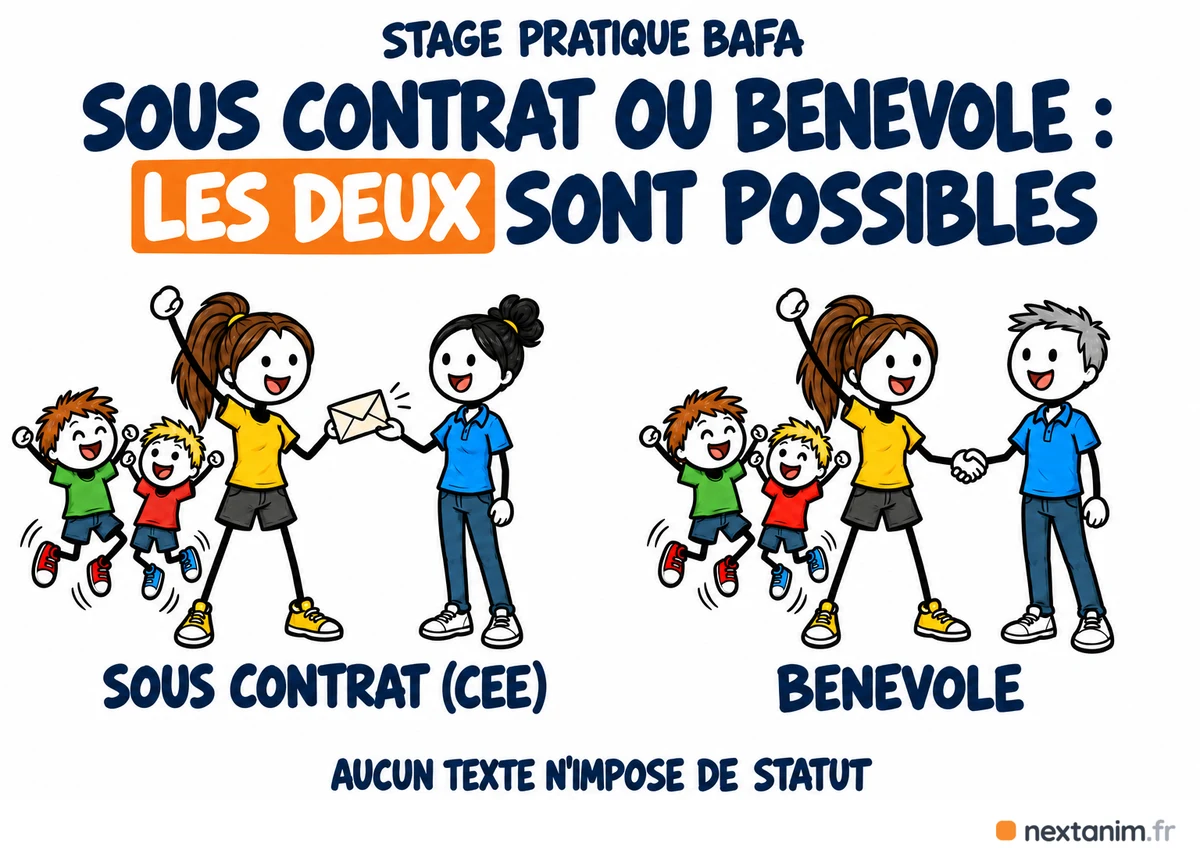 Le stage pratique BAFA se fait sous contrat ou en bénévole, les deux sont possibles : aucun texte n'impose de statut, et le contrat est presque toujours un contrat d'engagement éducatif