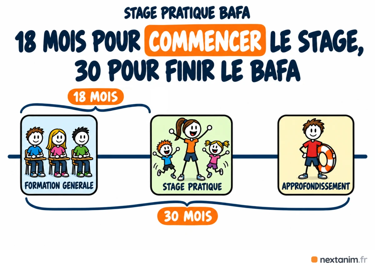 Les deux délais du BAFA : dix-huit mois après le début de la formation générale pour commencer le stage pratique, trente mois pour finir le cursus entier