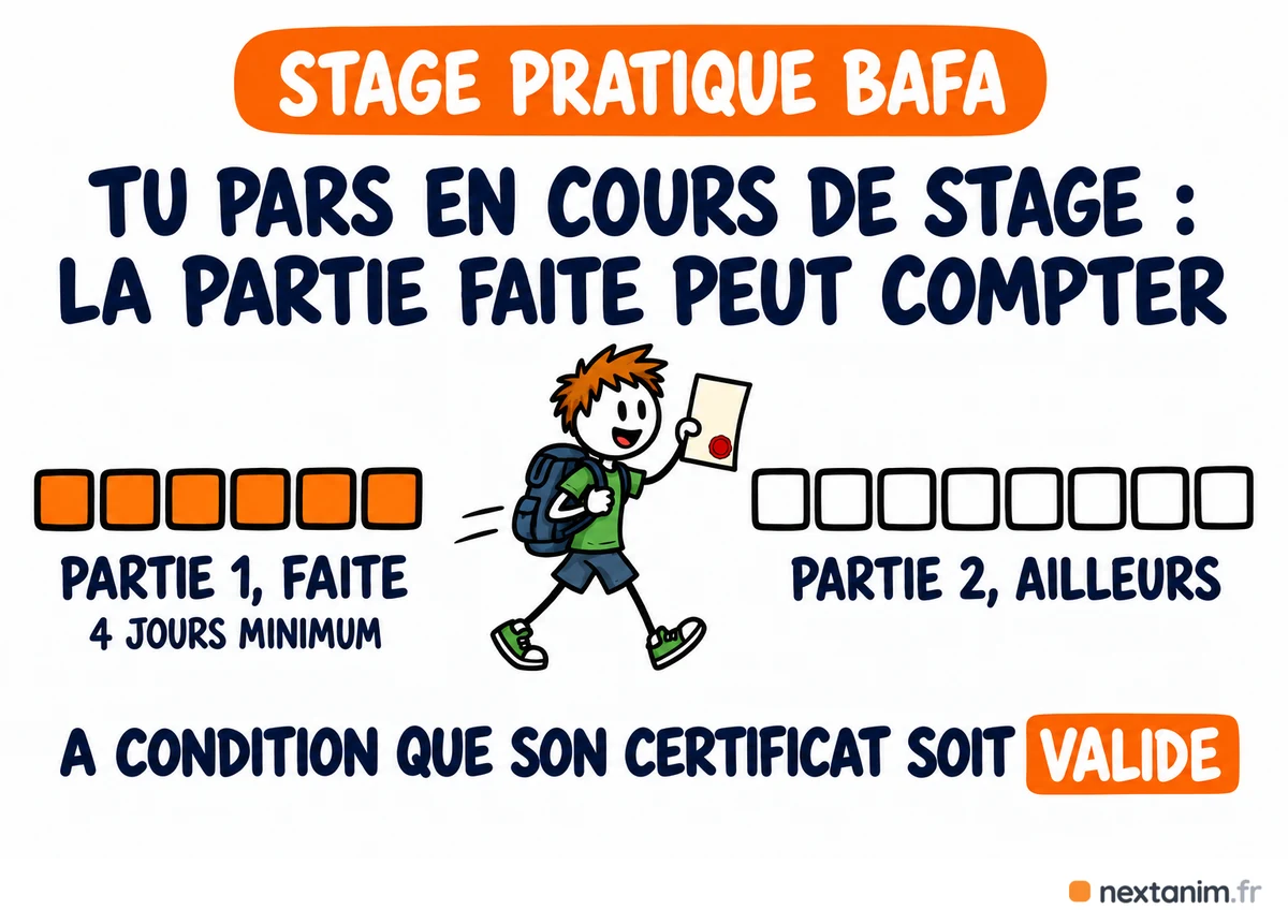 Partir en cours de stage pratique BAFA : la partie déjà faite peut compter, à condition d'avoir été déclaré, d'avoir quatre jours au moins et que le certificat de cette partie soit validé ; le reste se fait ailleurs en seconde partie