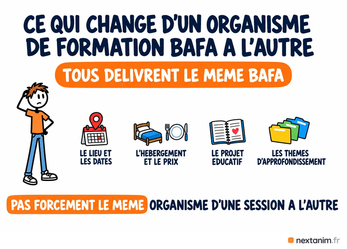 Ce qui change d'un organisme de formation BAFA à l'autre : le lieu et les dates, l'hébergement et le prix, le projet éducatif, les thèmes d'approfondissement ; tous délivrent le même BAFA et on peut changer d'organisme d'une session à l'autre