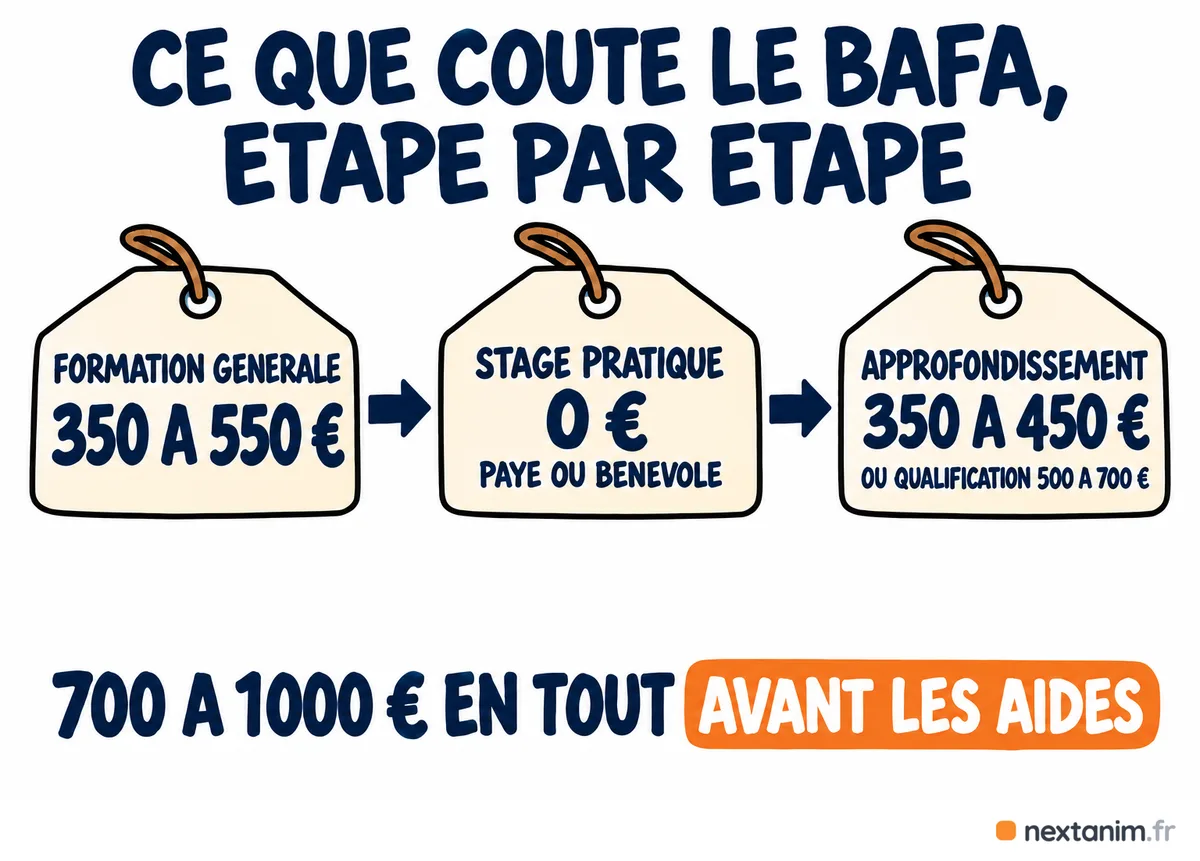 Ce que coûte le BAFA étape par étape : formation générale 350 à 550 €, stage pratique 0 € payé ou bénévole, approfondissement 350 à 450 € ou qualification 500 à 700 €, 700 à 1 000 € en tout avant les aides