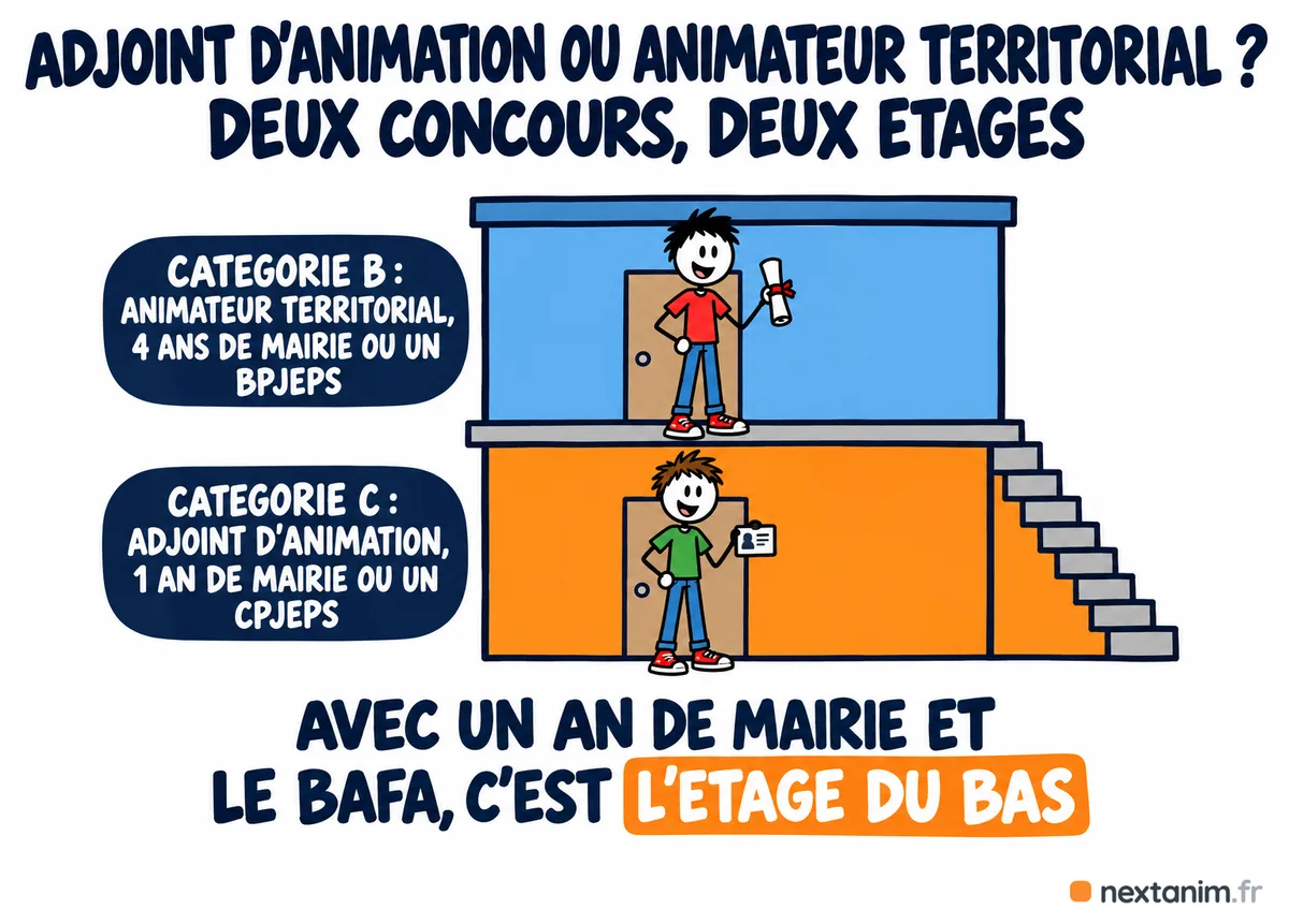 Adjoint d'animation ou animateur territorial : deux concours, deux étages. La catégorie C demande un an de mairie ou un CPJEPS, la catégorie B quatre ans de mairie ou un BPJEPS