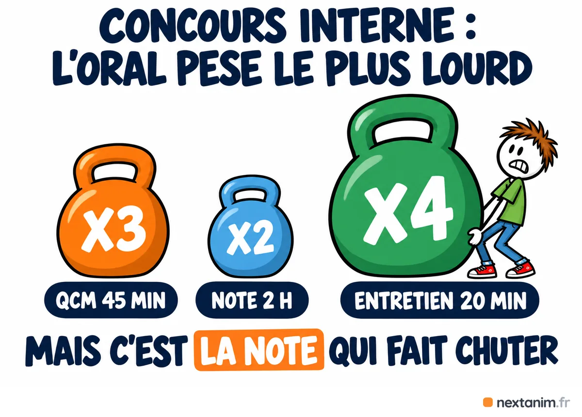 Les trois épreuves du concours interne et leur poids : QCM coefficient 3, rédaction d'une note coefficient 2, entretien coefficient 4