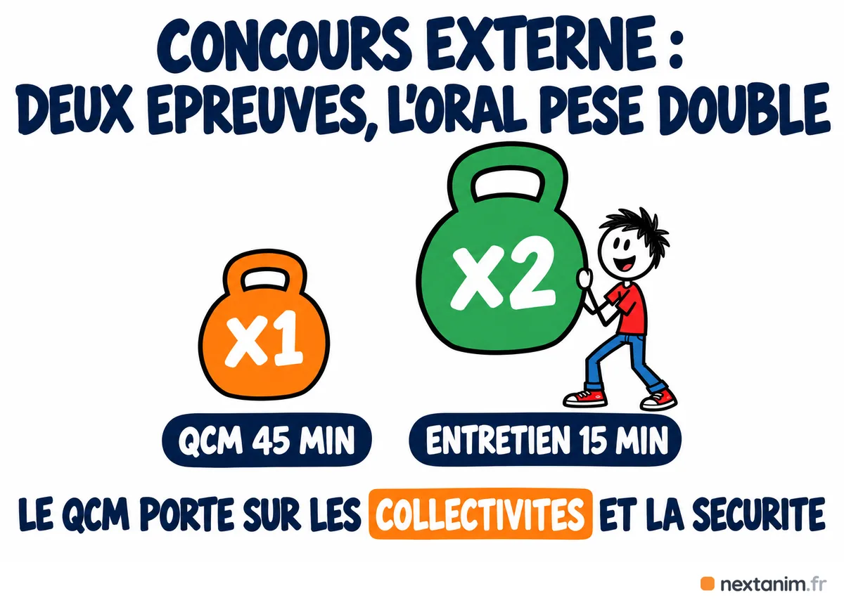 Les deux épreuves du concours externe et leur poids : QCM de 45 minutes coefficient 1 sur les collectivités locales et la sécurité, entretien de 15 minutes coefficient 2