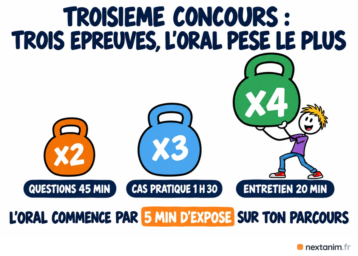 Les trois épreuves du troisième concours et leur poids : questions sur les collectivités 45 minutes coefficient 2, cas pratique 1 h 30 coefficient 3, entretien de 20 minutes coefficient 4 qui commence par cinq minutes d'exposé