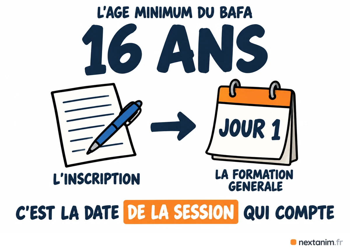 À quel âge passer le BAFA : 16 ans le premier jour de la formation générale, c'est la date de la session qui compte et pas celle de l'inscription