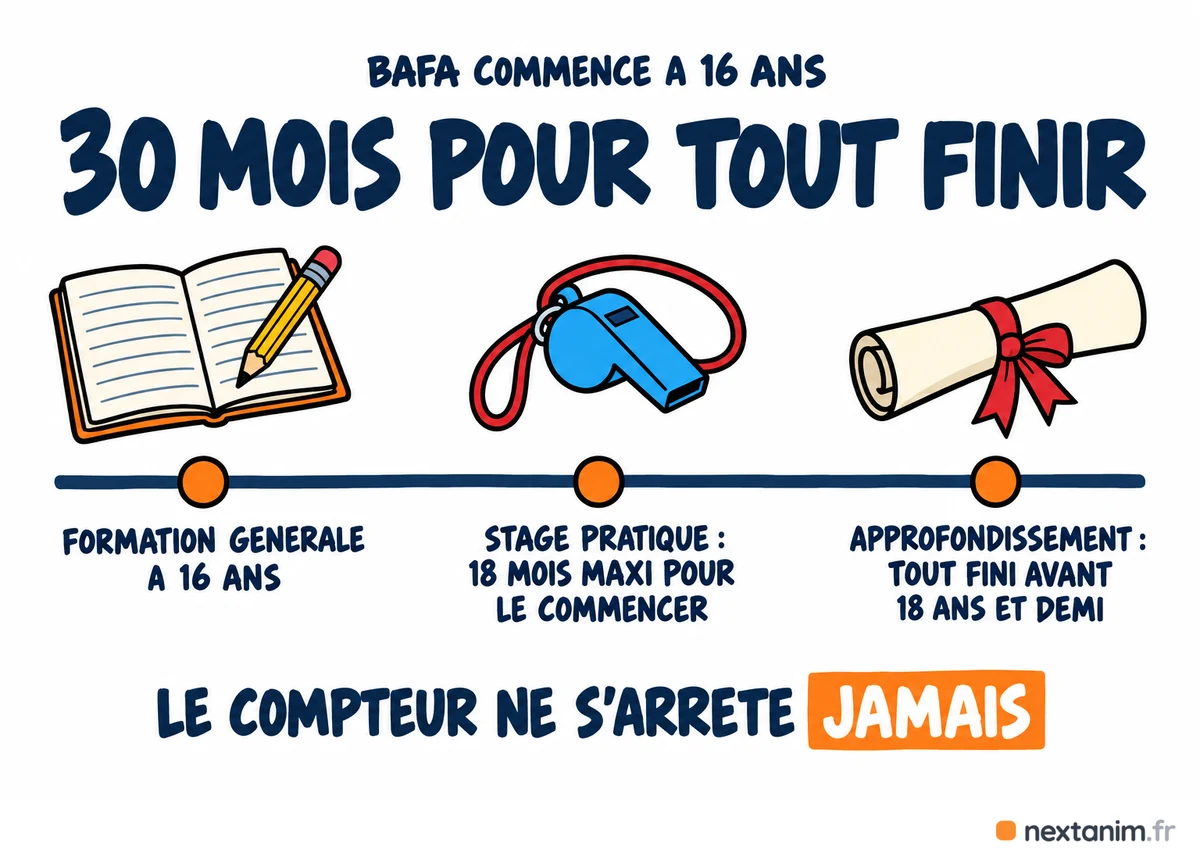 Combien de temps pour passer le BAFA quand on commence à 16 ans : 30 mois à partir du premier jour de la formation générale, 18 mois au plus pour commencer le stage pratique, tout fini avant 18 ans et demi