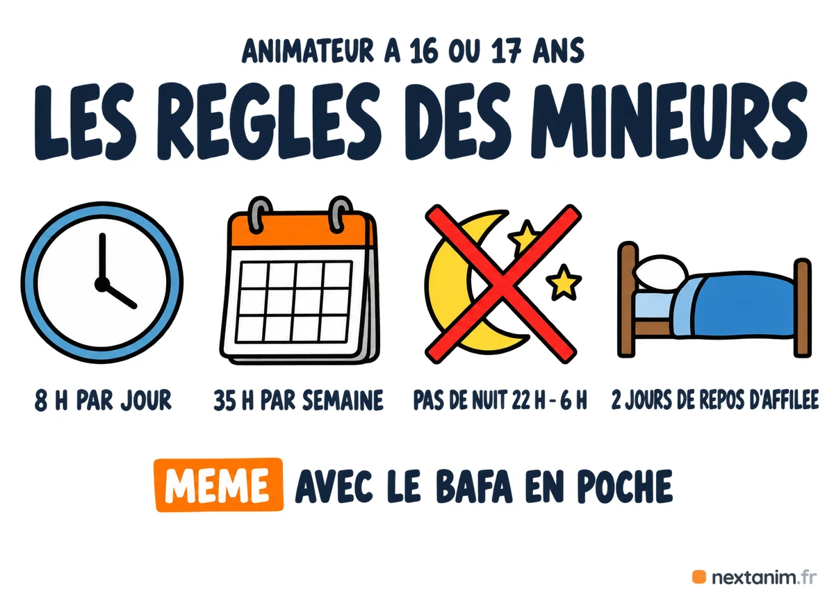 Travailler comme animateur à 16 ou 17 ans : 8 heures par jour, 35 heures par semaine, pas de travail de nuit entre 22 h et 6 h, deux jours de repos d'affilée, même avec le BAFA en poche