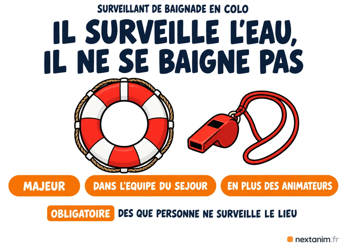 Le surveillant de baignade en colo surveille l'eau depuis le bord. Il ne se baigne pas et ne compte pas dans le taux d'encadrement : il est obligatoire hors piscine et plage surveillées, majeur et membre de l'équipe pédagogique permanente de l'accueil