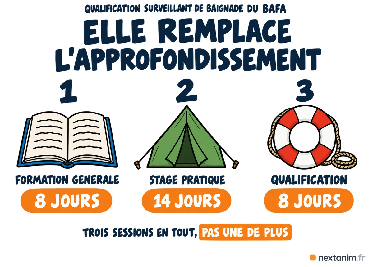 La qualification surveillant de baignade du BAFA remplace l'approfondissement : formation générale 8 jours, stage pratique 14 jours puis qualification 8 jours, pas une étape en plus