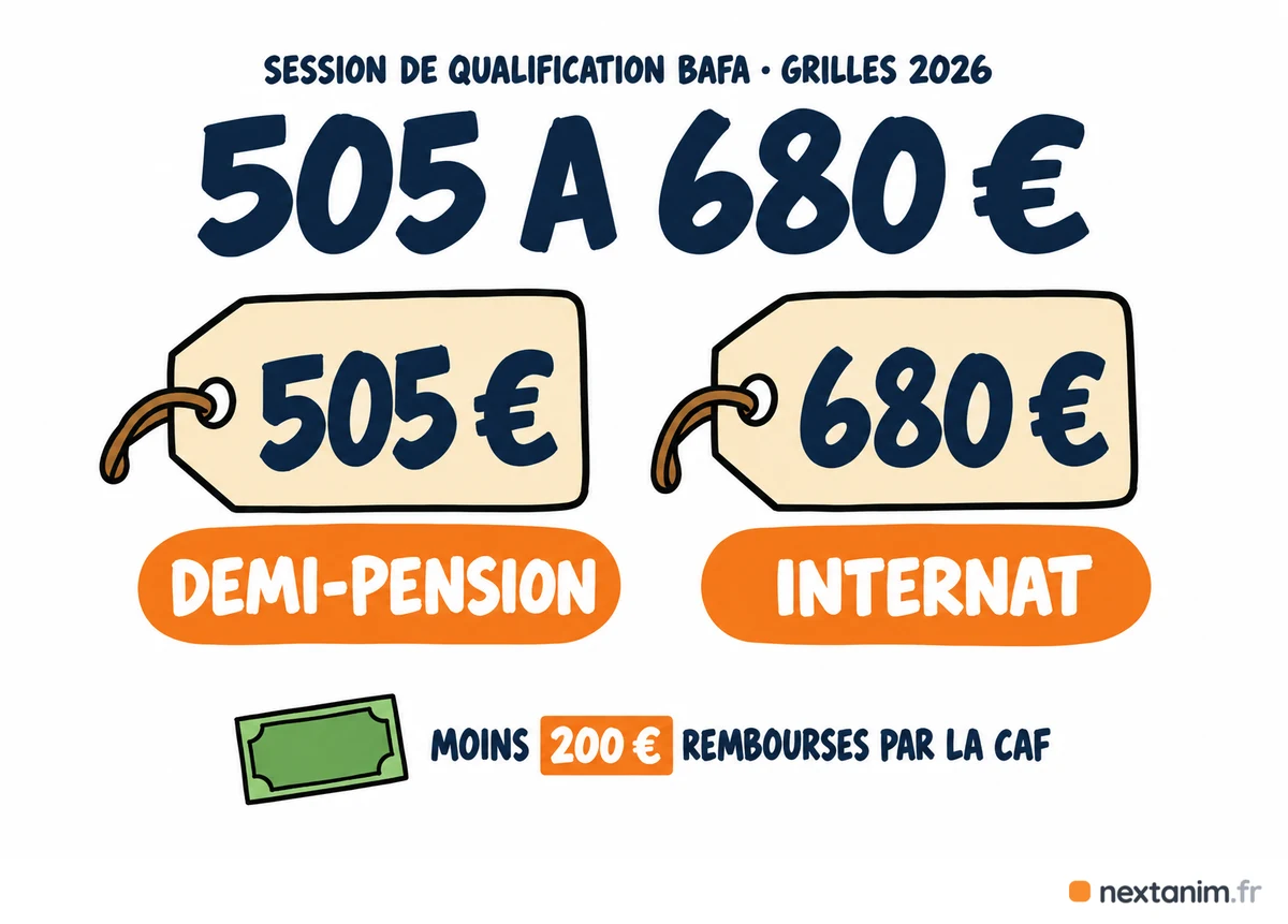 Le prix de la formation de surveillant de baignade : la session de qualification BAFA coûte 505 à 680 euros en 2026 selon l'hébergement, moins l'aide de 200 euros de la CAF
