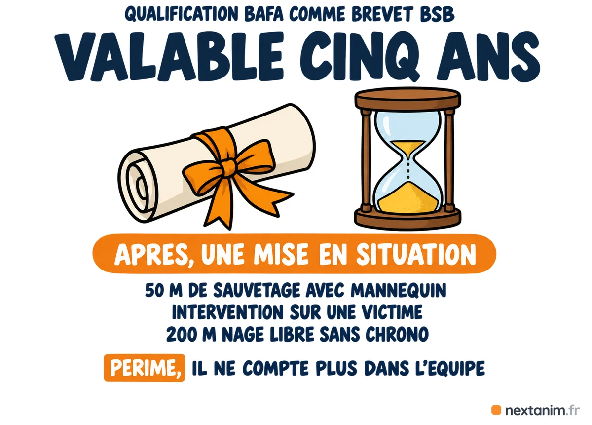 Le diplôme de surveillant de baignade est valable cinq ans, qualification BAFA comme BSB : le renouvellement se passe en mise en situation, un 50 mètres de sauvetage avec mannequin, une intervention sur une victime et un 200 mètres nage libre, sans refaire la formation