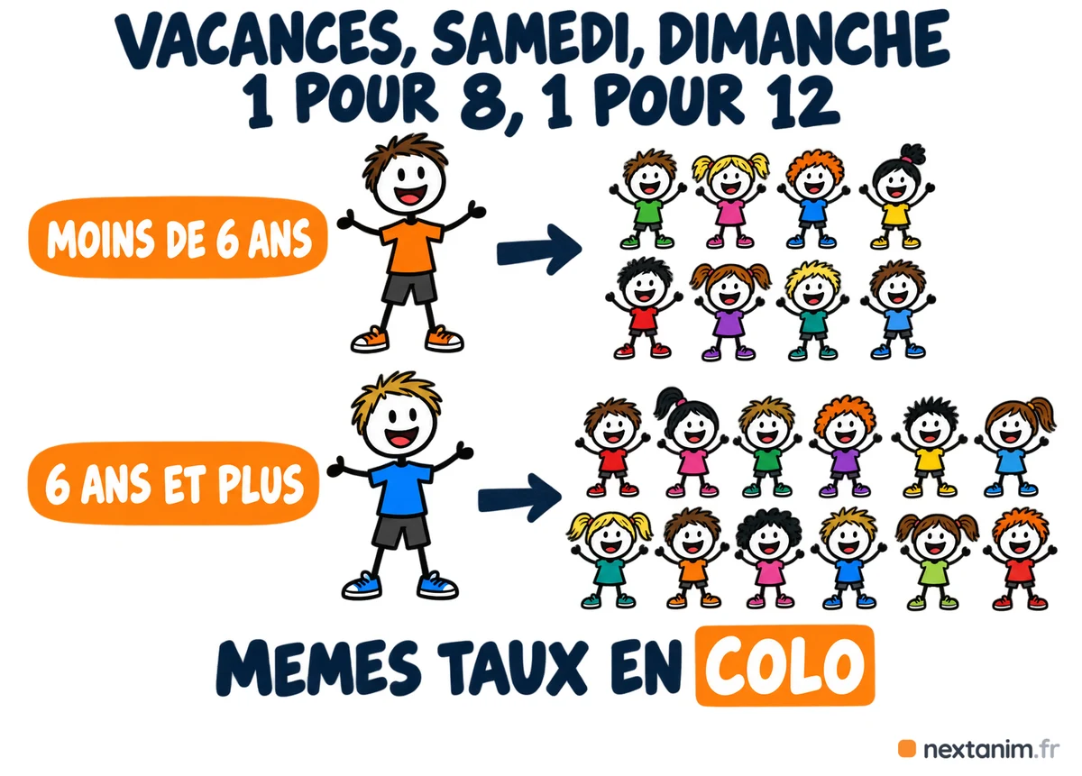Taux d'encadrement en accueil de loisirs extrascolaire, vacances, samedis sans école et dimanches : un animateur pour huit mineurs de moins de six ans, un animateur pour douze mineurs de six ans et plus, mêmes taux en colo