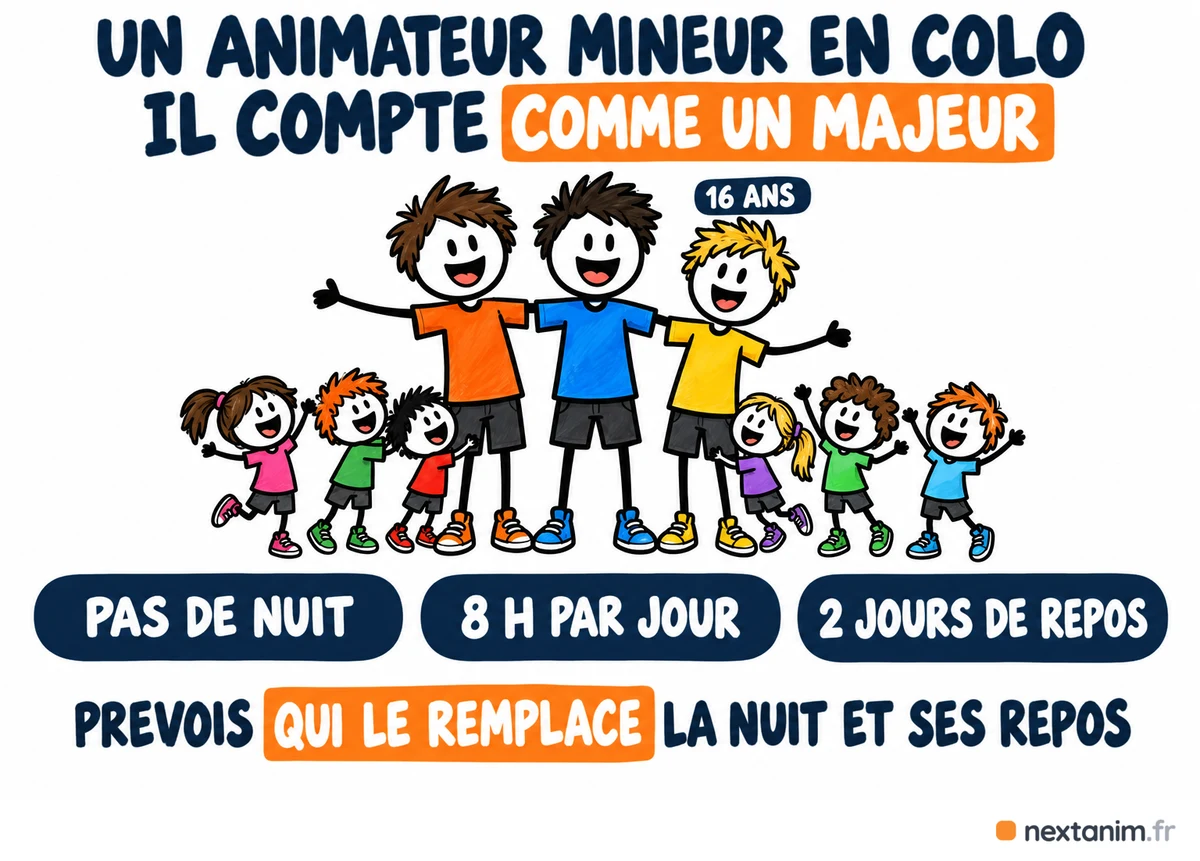 Un animateur mineur en colo compte dans le taux d'encadrement comme un majeur, mais pas de nuit, huit heures par jour et deux jours de repos : prévoir qui le remplace la nuit et pendant ses repos